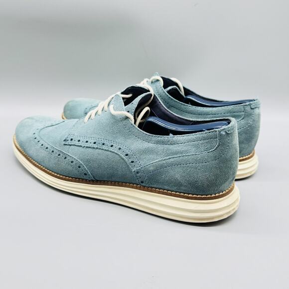Cole Haan Shoes Mens 10 Blue Suede Original Grand Wingtip Oxford Lace Up Brougue - Picture 4 of 11
